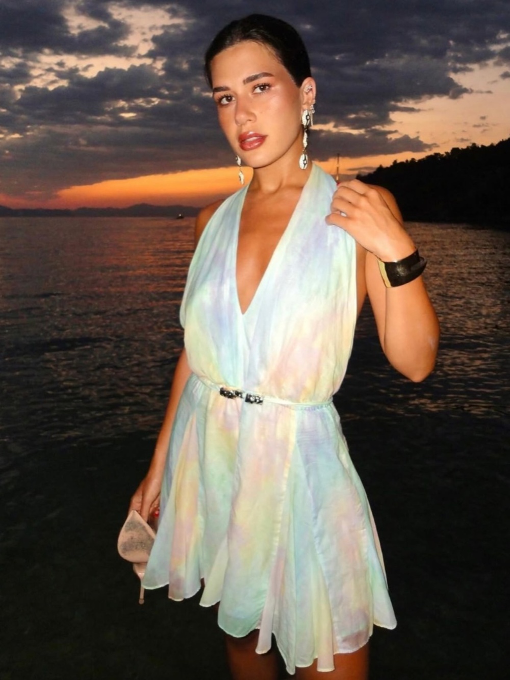 Maje Watercolor Effect Turquoise and Pastel Yellow halter mini dress with gold